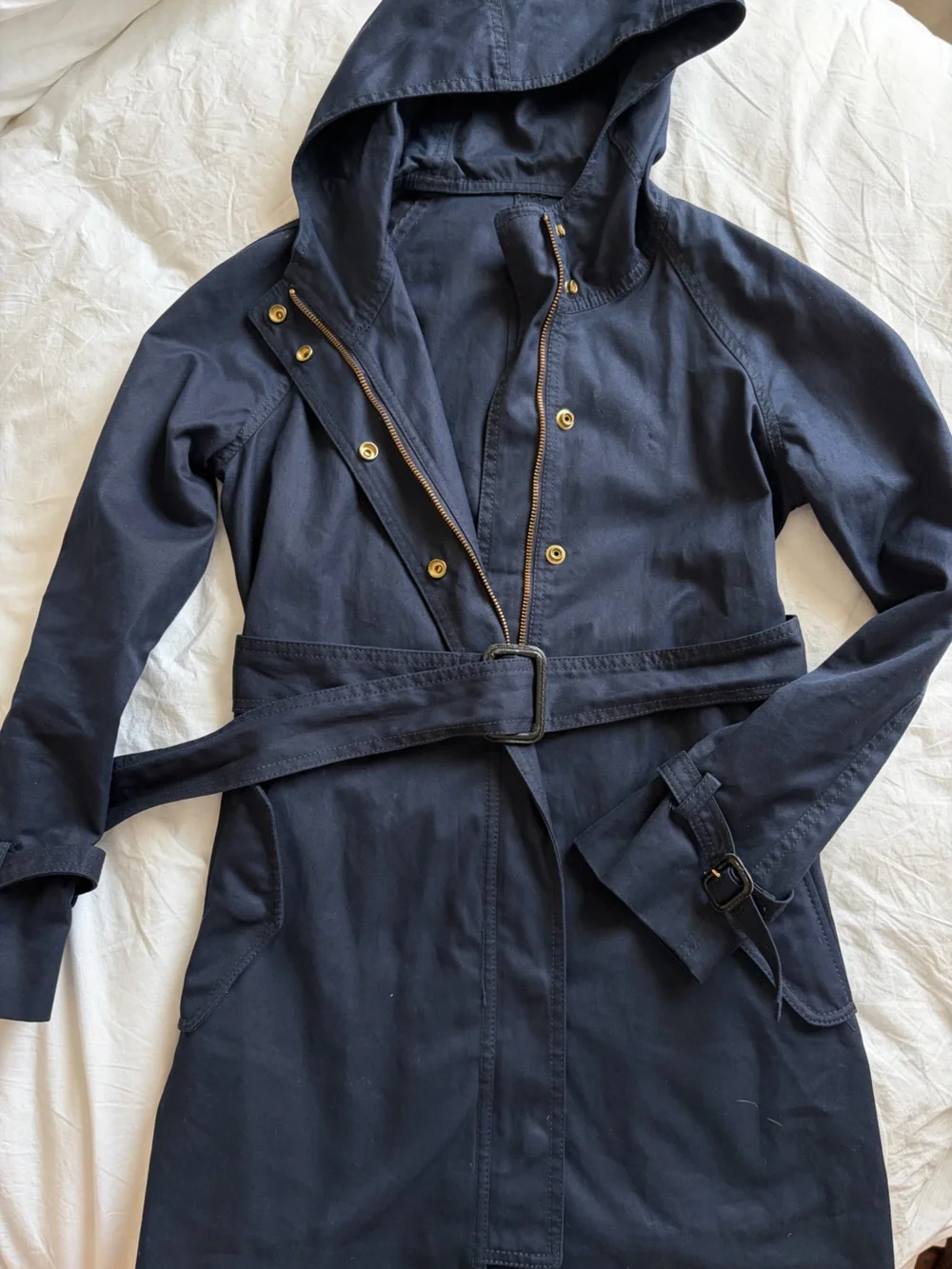 J. Crew Hooded Navy Belted Trench Coat